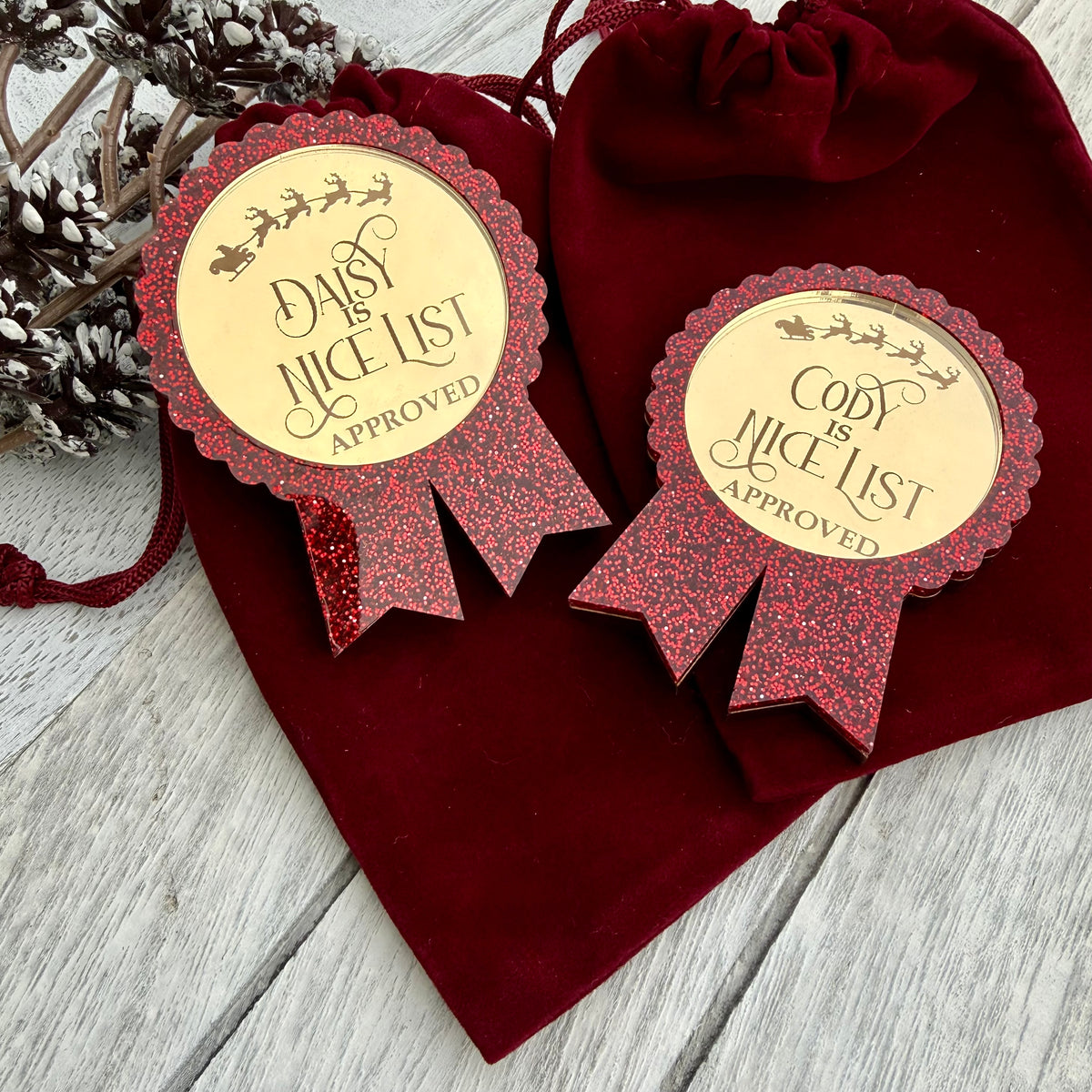 Personalised Santa’s Nice List Gold Medal Rosette Award with Velvet Pouch | Christmas Eve Box Filler