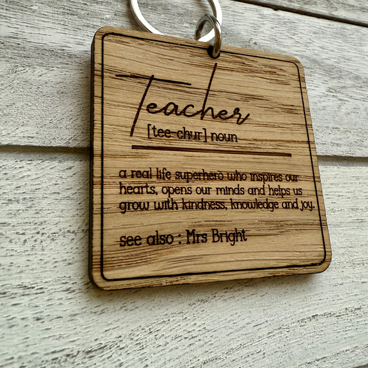 Personalised Teacher Definition Oak Veneer Keyring | Custom Teacher Gift | End of Term Gift |Thank You Teacher| Teacher Appreciation Keyring