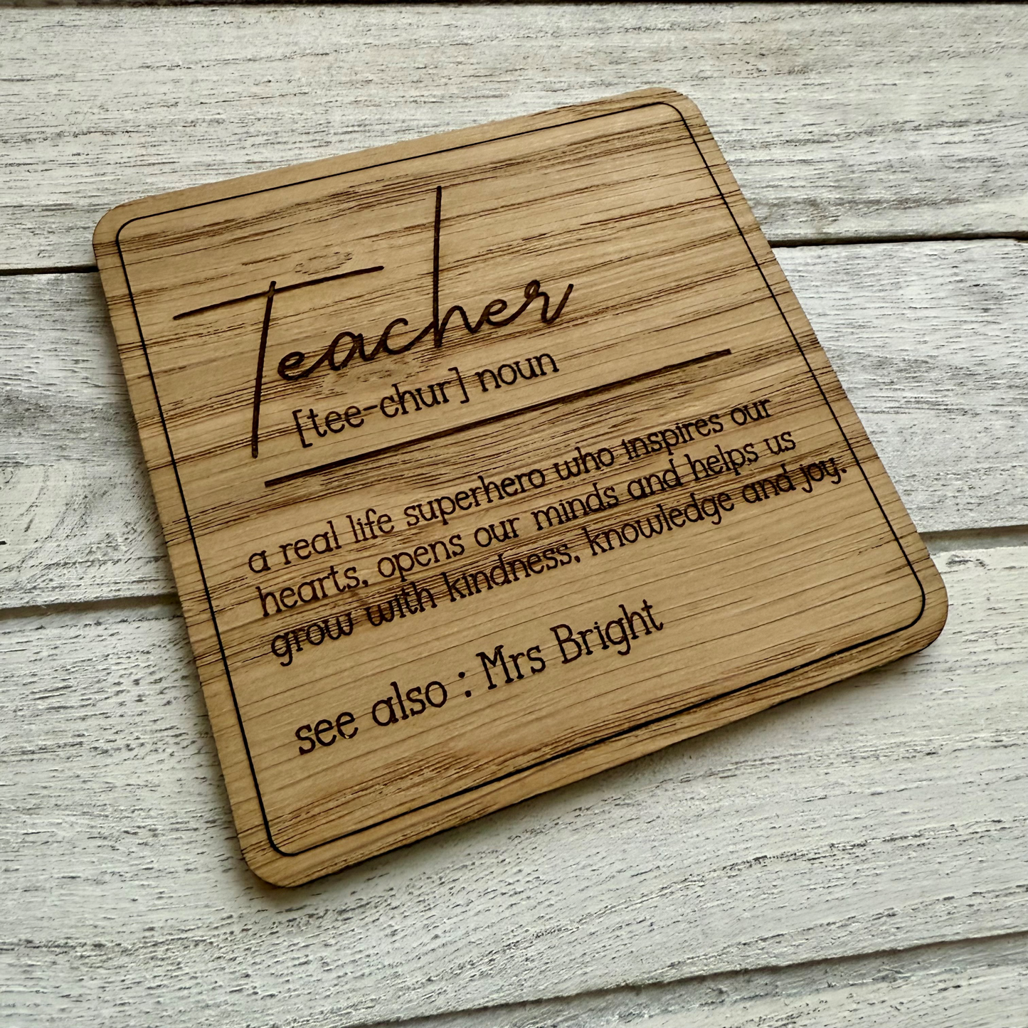 Personalised Teacher Definition Oak Veneer Coaster | Custom Teacher Gift | End of Term Gift | Thank You Teacher | Teacher Appreciation Gift