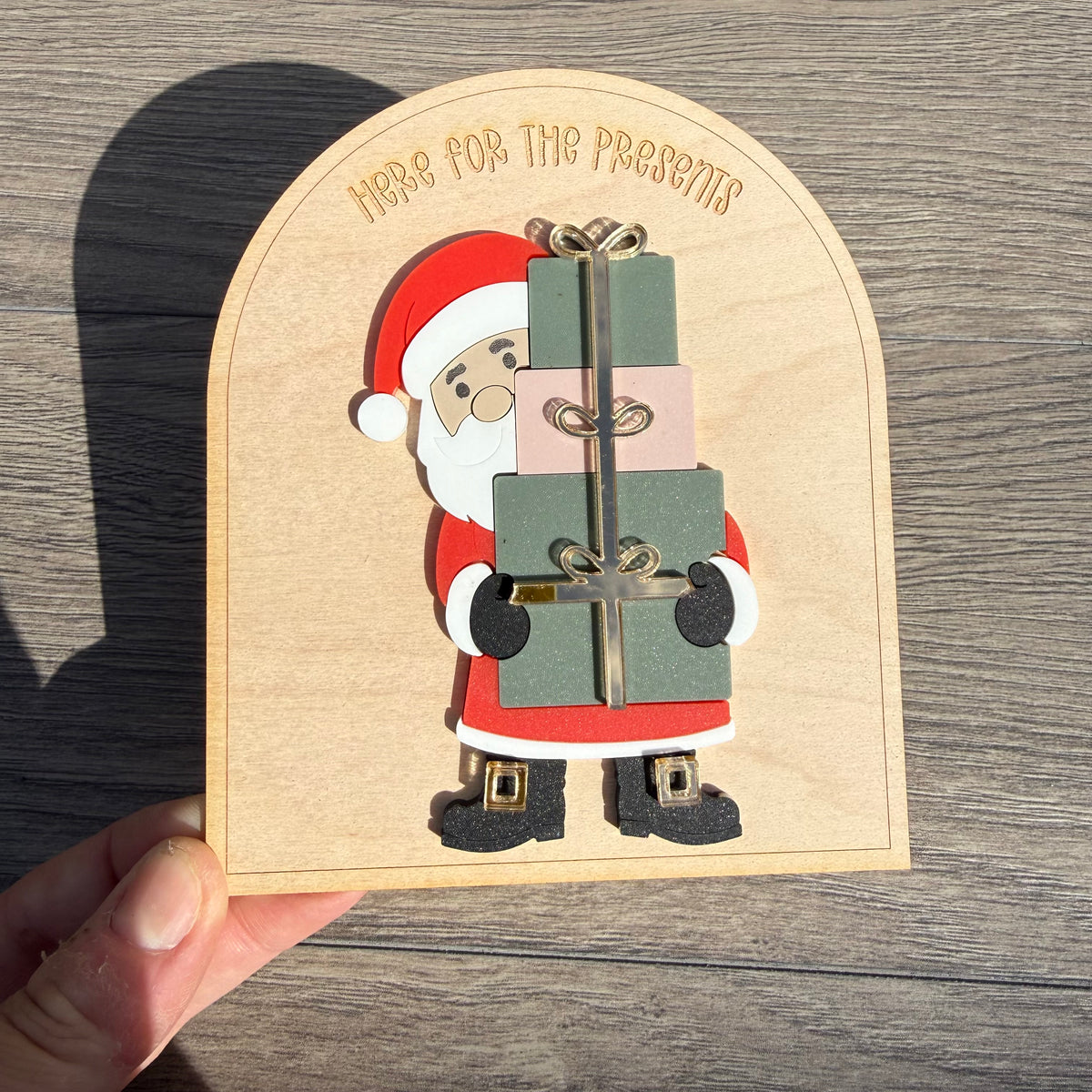 Personalised Here For The Presents Sign | Acrylic Peeking Santa Plaque | Christmas Decor