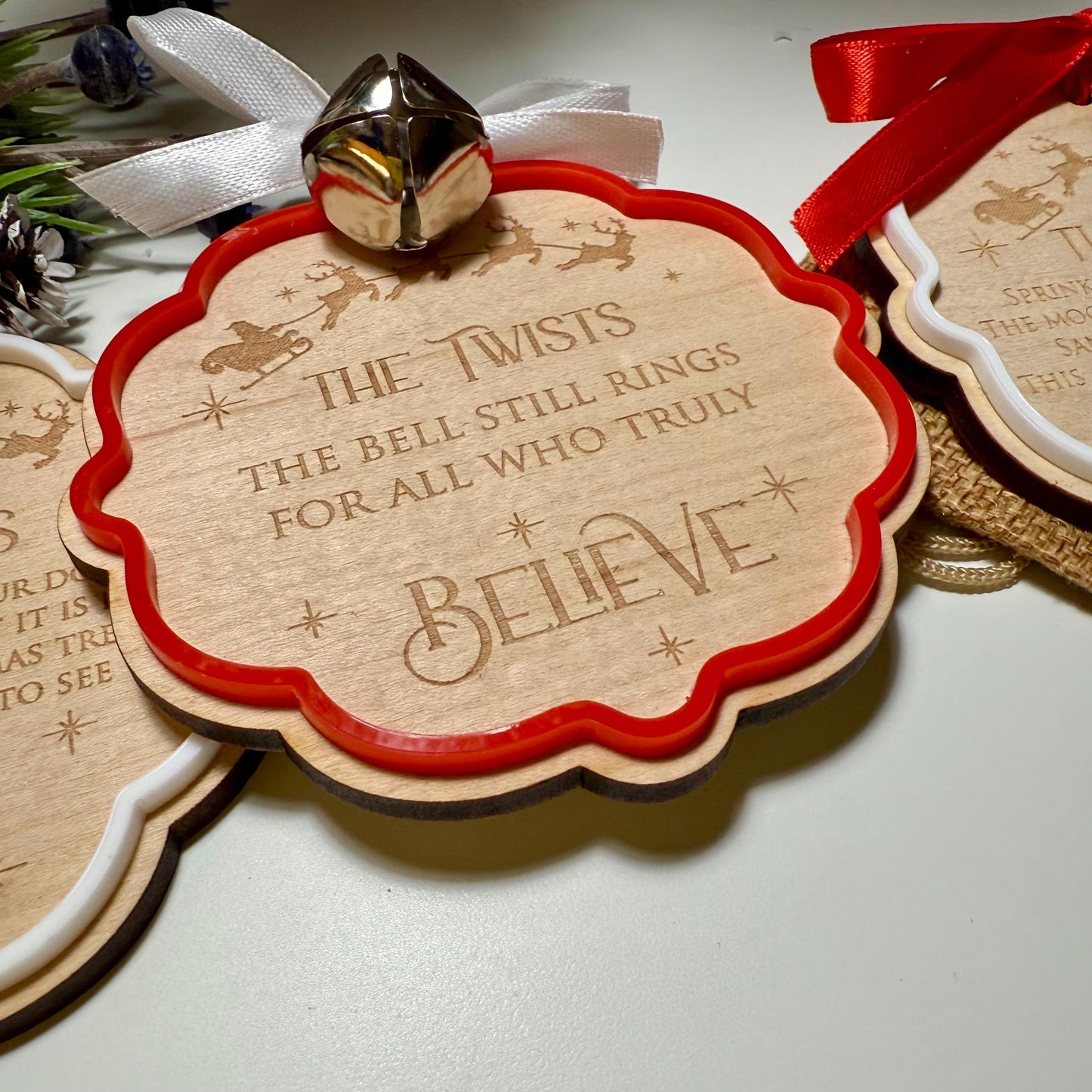 Personalised Christmas Tags Set of Three with Believe Bell Magic Key and Reindeer Food Bag