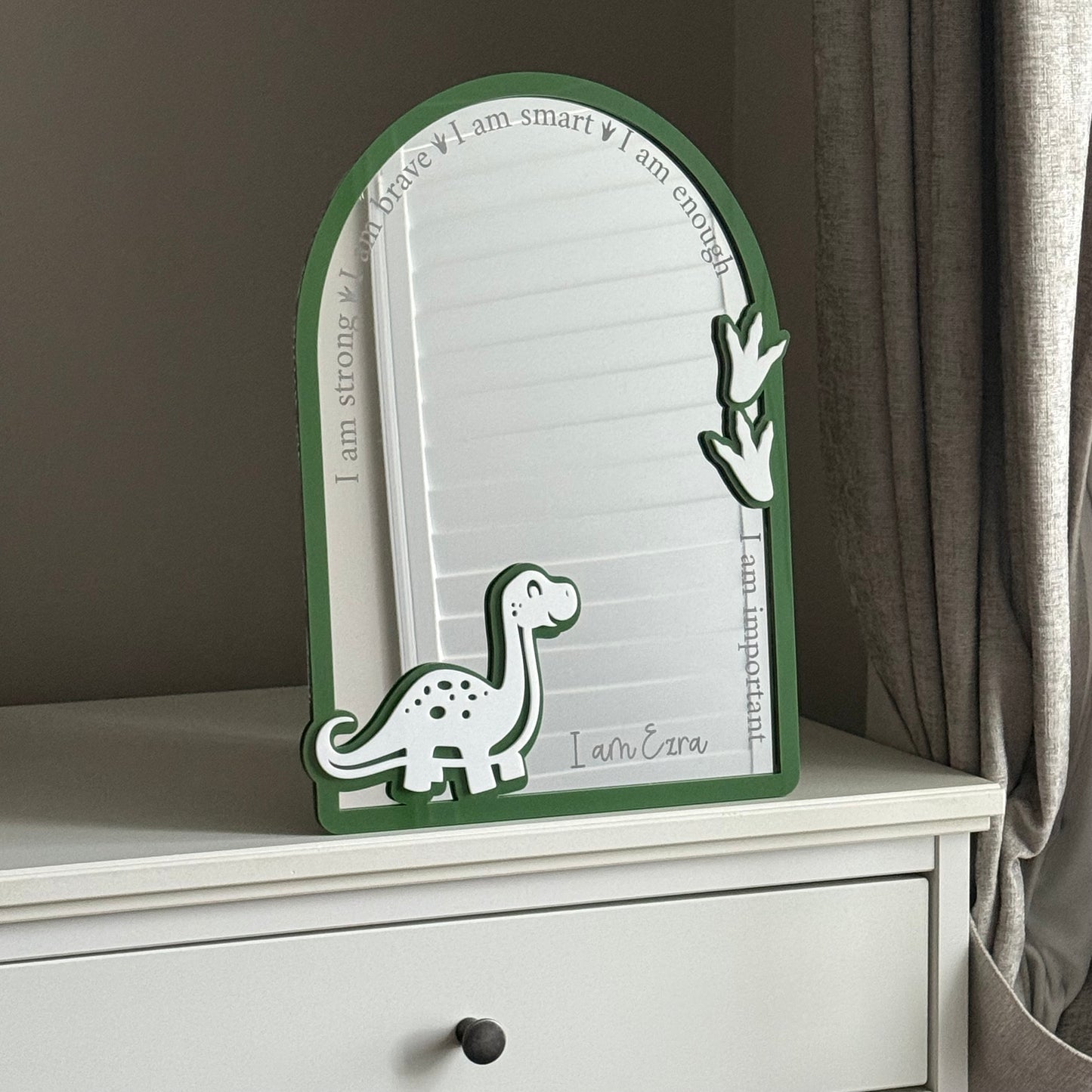 Personalised Affirmation Mirror with Dinosaur Design for Child’s Bedroom