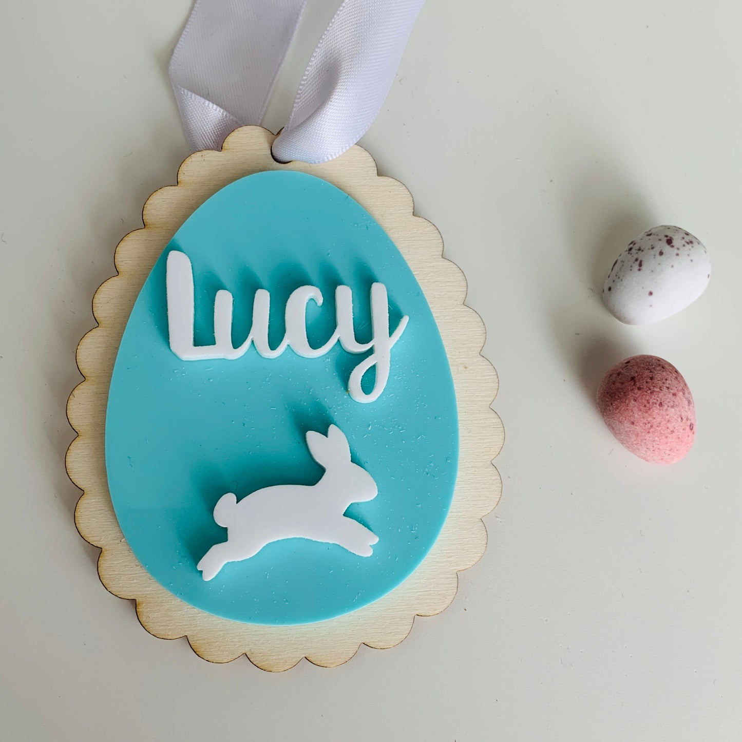 Personalised Scalloped Easter Basket Tag with Jumping Rabbit