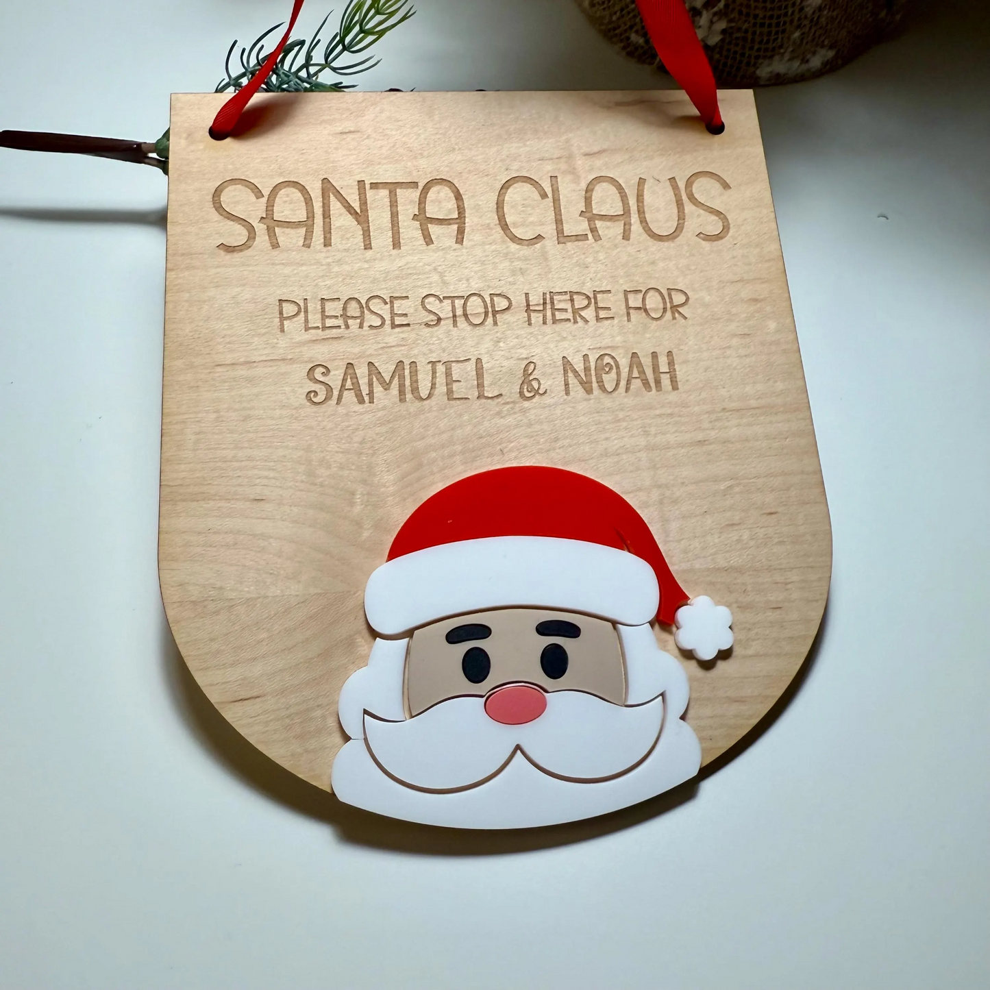Personalised Santa Stop Here Sign | Maple Wood with Acrylic Santa