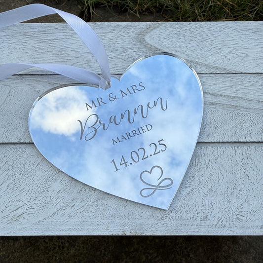 Personalised Mirrored Acrylic Heart – Wedding Gift Keepsake with Names & Date