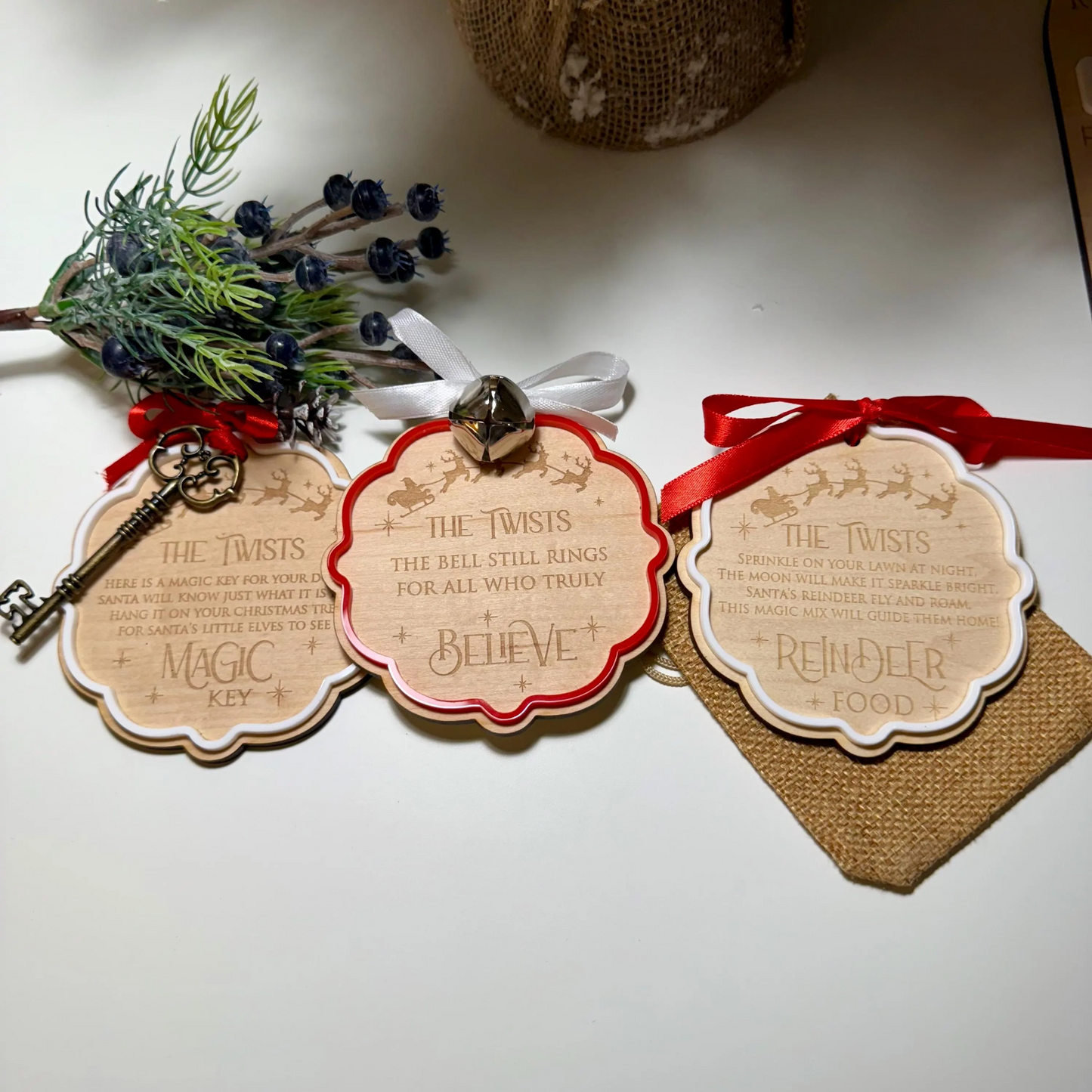 Personalised Christmas Believe Bell and Maple Wood Tag – with Red or White Surround & Ribbon