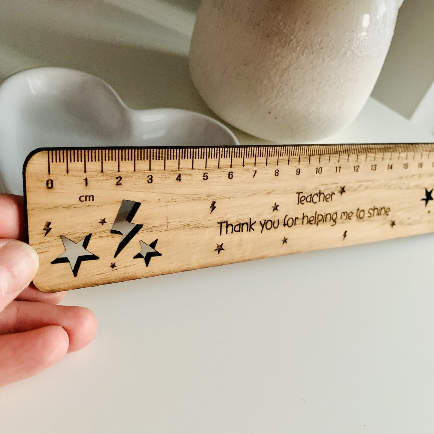 ersonalised Wooden Ruler with Stars & Lightning Bolts – Custom Name Engraving | Oak Veneer 30cm | Teacher or Child Gift