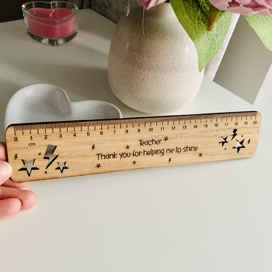 ersonalised Wooden Ruler with Stars & Lightning Bolts – Custom Name Engraving | Oak Veneer 30cm | Teacher or Child Gift