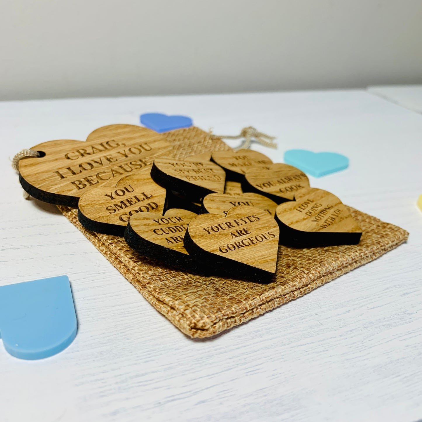 Personalised Ten Reasons I Love You Oak Heart Tokens