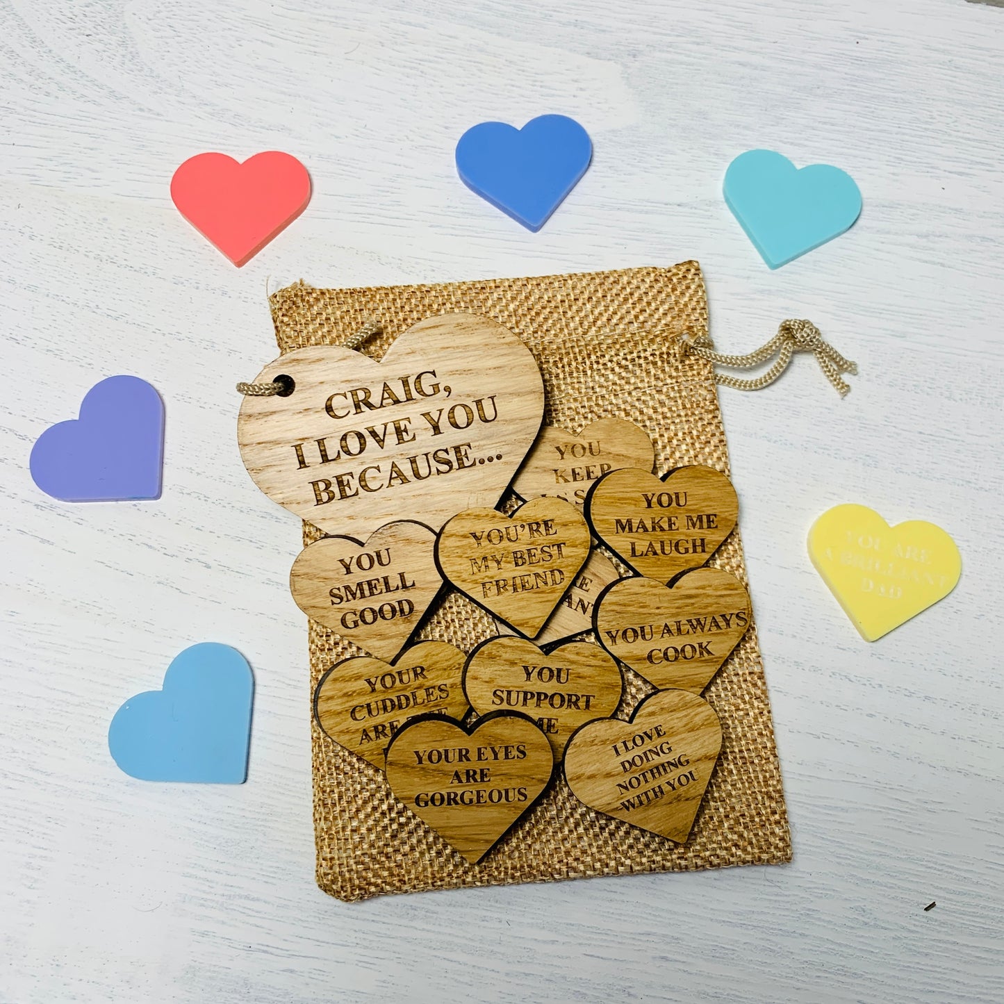 Personalised Ten Reasons I Love You Oak Heart Tokens