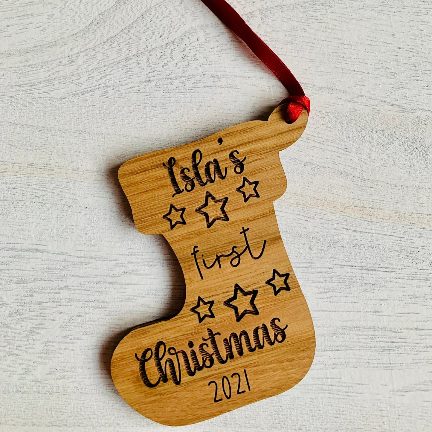 Personalised Oak First Christmas Bauble