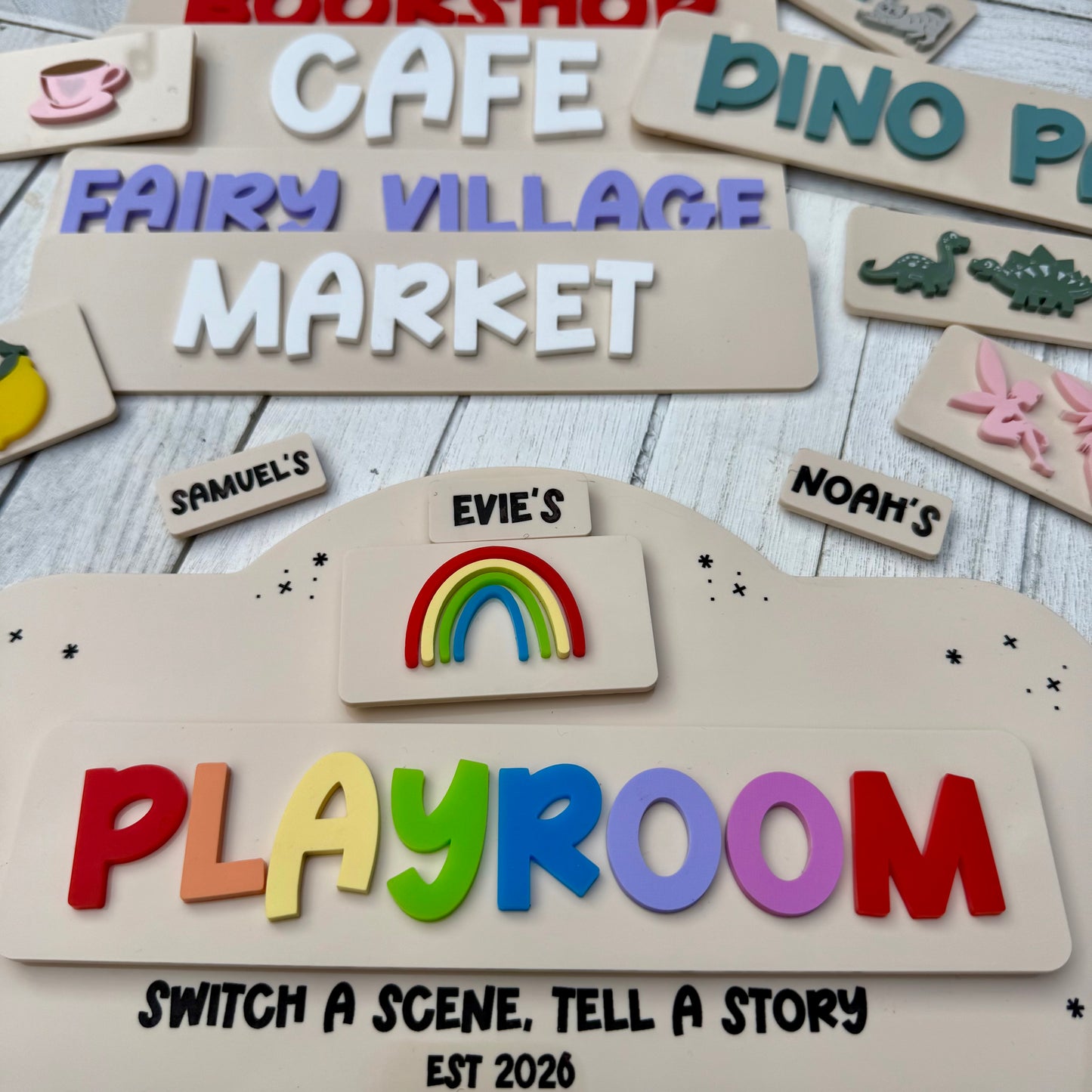 Personalised Pretend Play Switch A Scene Starter Pack | Role Play Sign with Interchangeable Scenarios