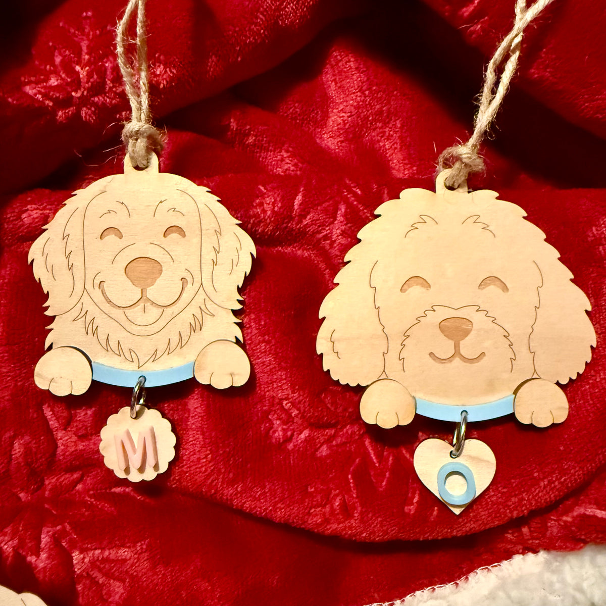 Personalised Pet Dog  and Cat Ornament | Custom Maple Wood Christmas Tree Ornament with Name Initial & Collar Colour