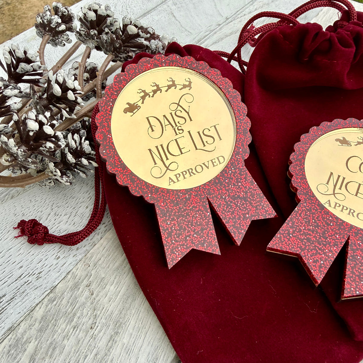 Personalised Santa’s Nice List Gold Medal Rosette Award with Velvet Pouch | Christmas Eve Box Filler