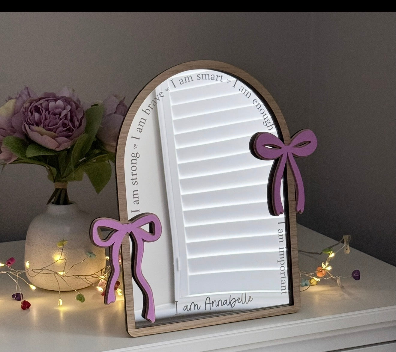 Personalised Affirmation Arched Mirror with Bow Design for Child’s Bedroom