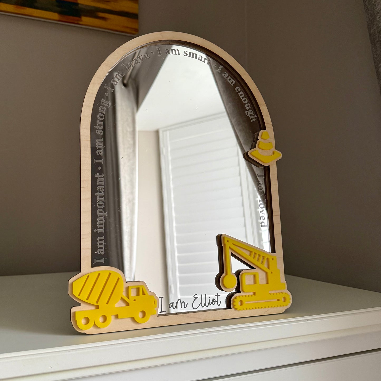 Personalised Affirmation Mirror with Construction Design for Child’s Bedroom