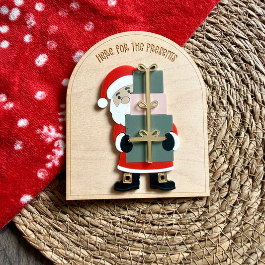 Personalised Here For The Presents Sign | Acrylic Peeking Santa Plaque | Christmas Decor
