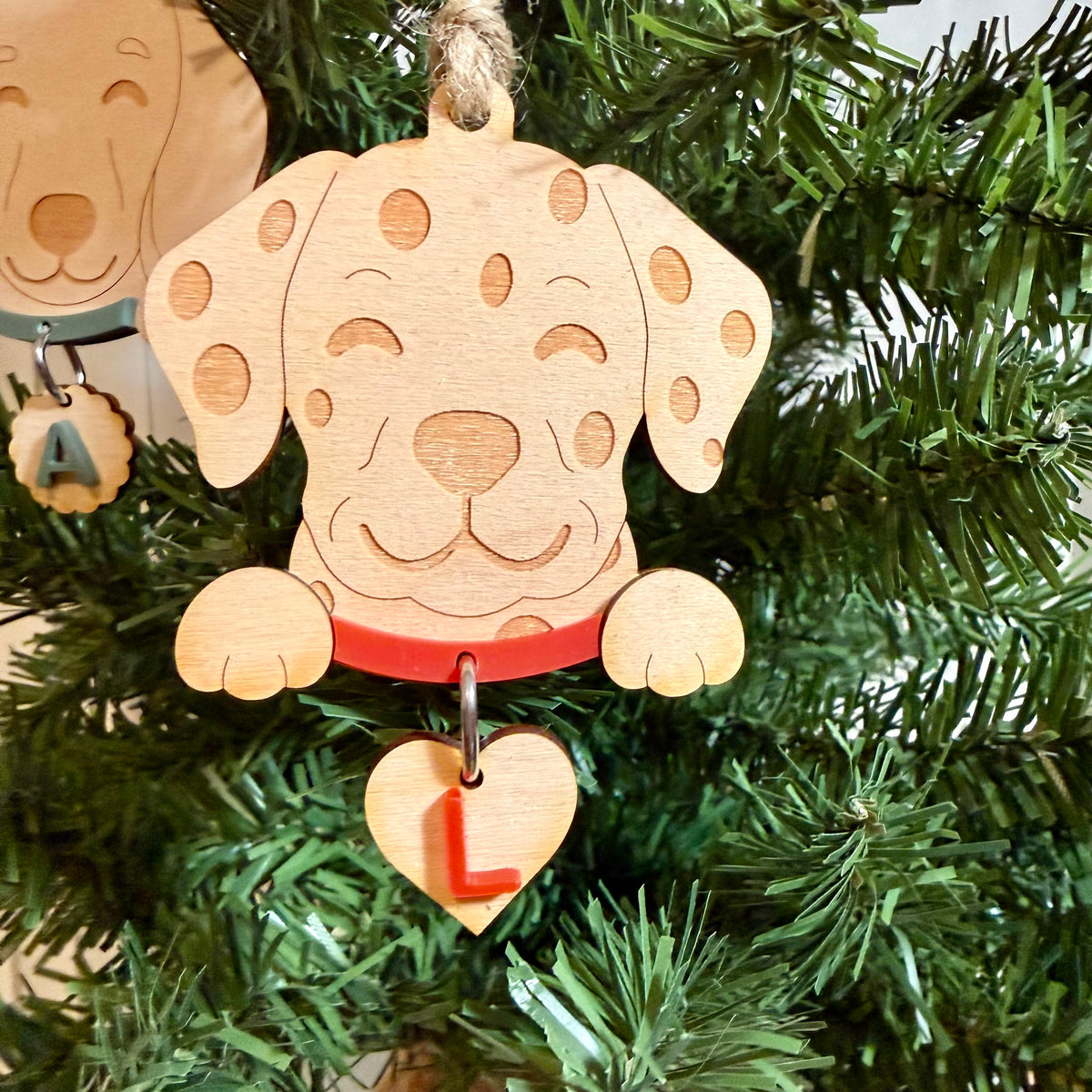 Personalised Pet Dog  and Cat Ornament | Custom Maple Wood Christmas Tree Ornament with Name Initial & Collar Colour