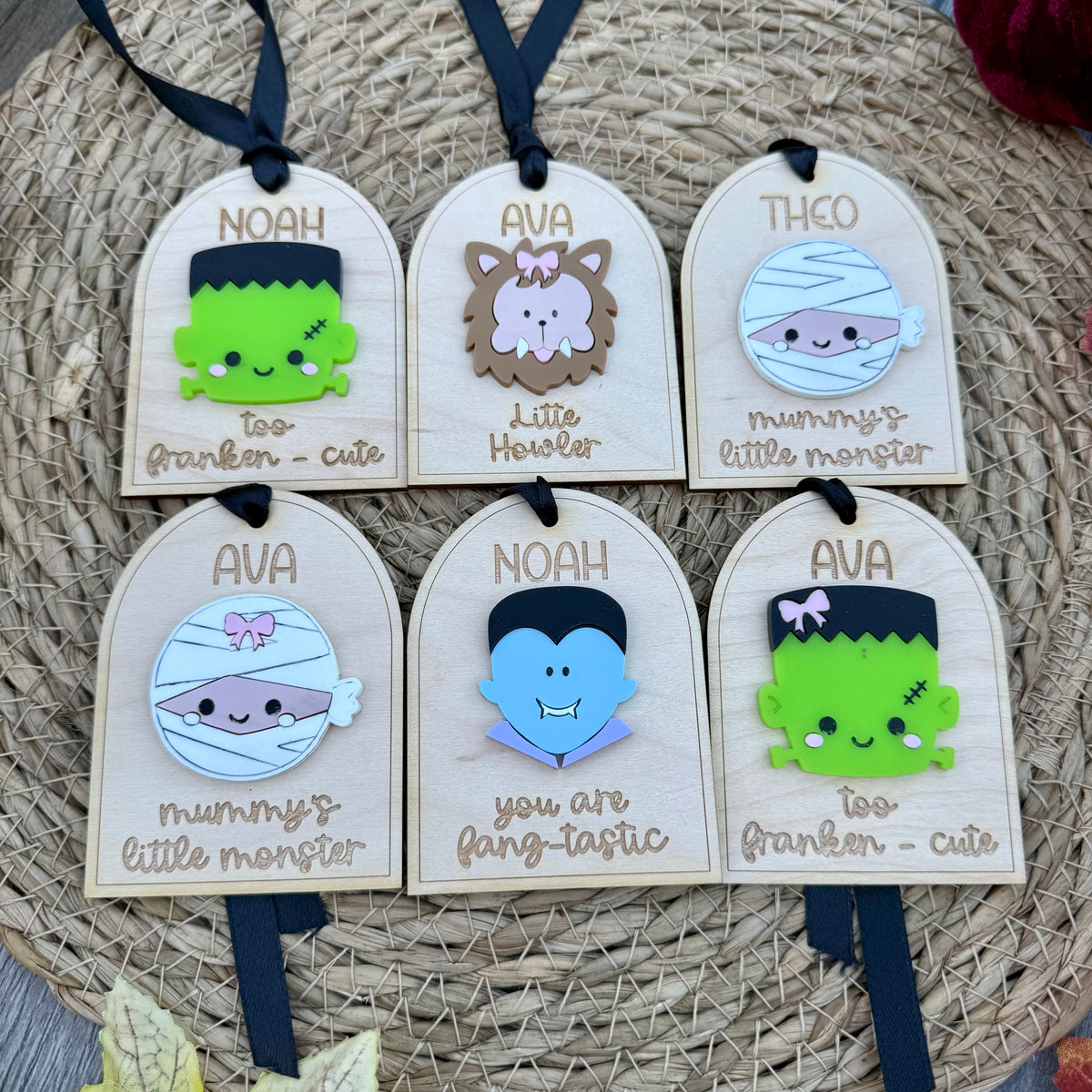 Personalised Mini Monster Boo Basket Tags | Engraved Halloween Name Tag | Frankenstein | Werewolf | Mummy | Vampire