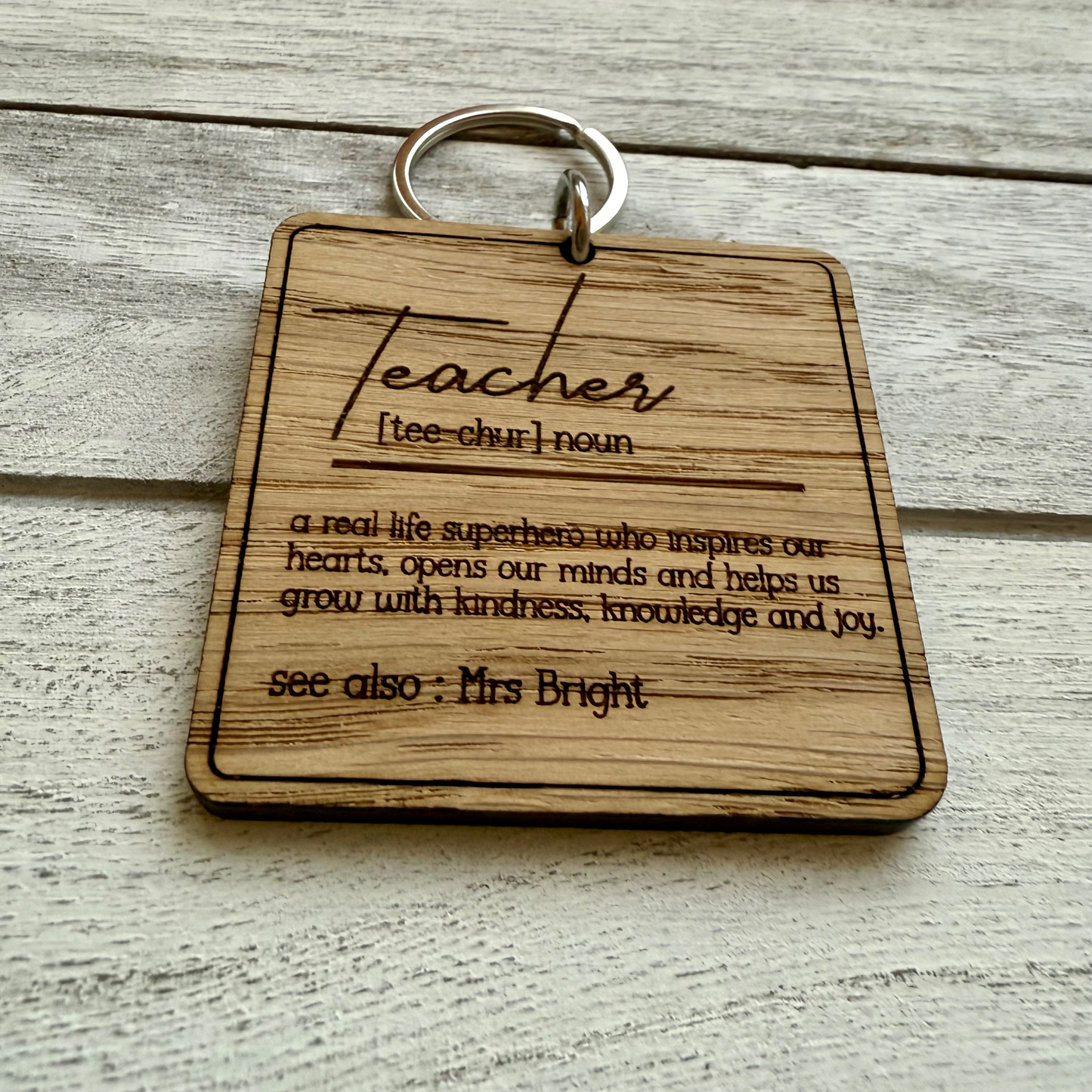 Personalised Teacher Definition Oak Veneer Keyring | Custom Teacher Gift | End of Term Gift |Thank You Teacher| Teacher Appreciation Keyring