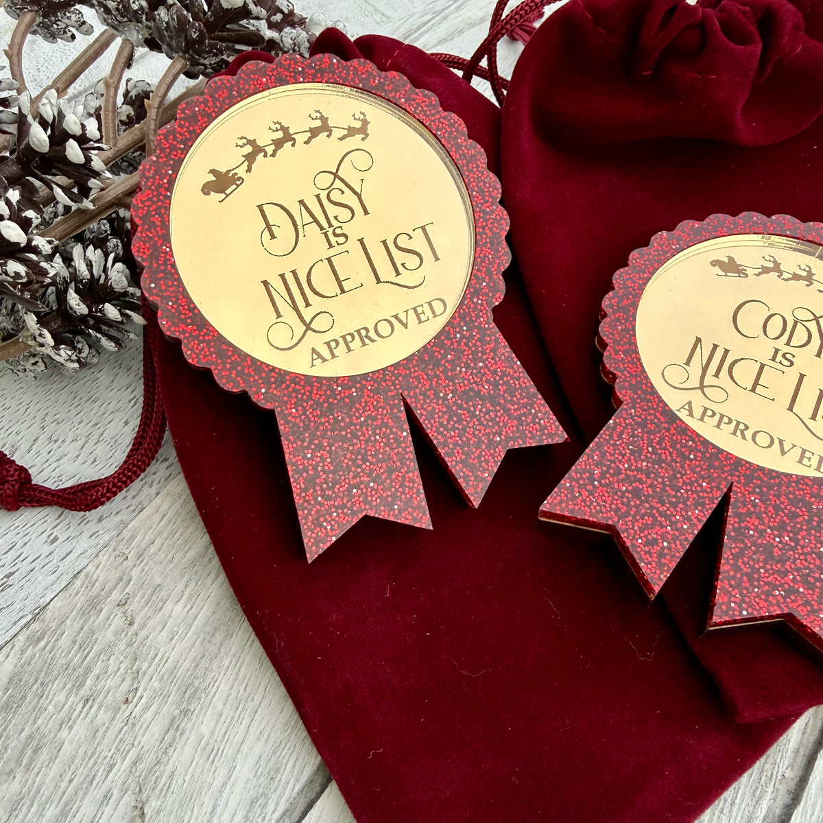 Personalised Santa’s Nice List Gold Medal Rosette Award with Velvet Pouch | Christmas Eve Box Filler