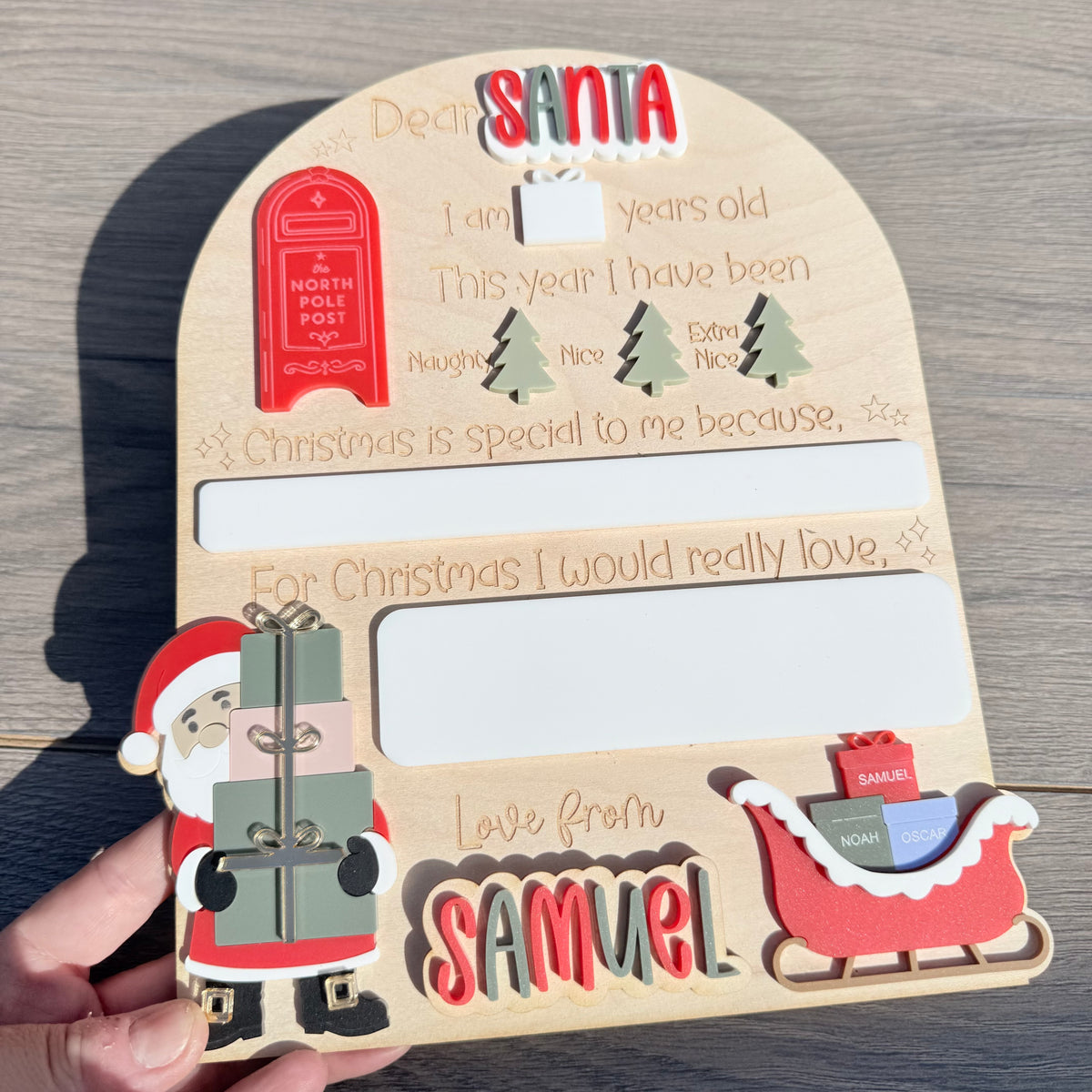 Personalised Dear Santa with Sleigh Board| Maple Wood with Reusable White Board | Letter to Santa
