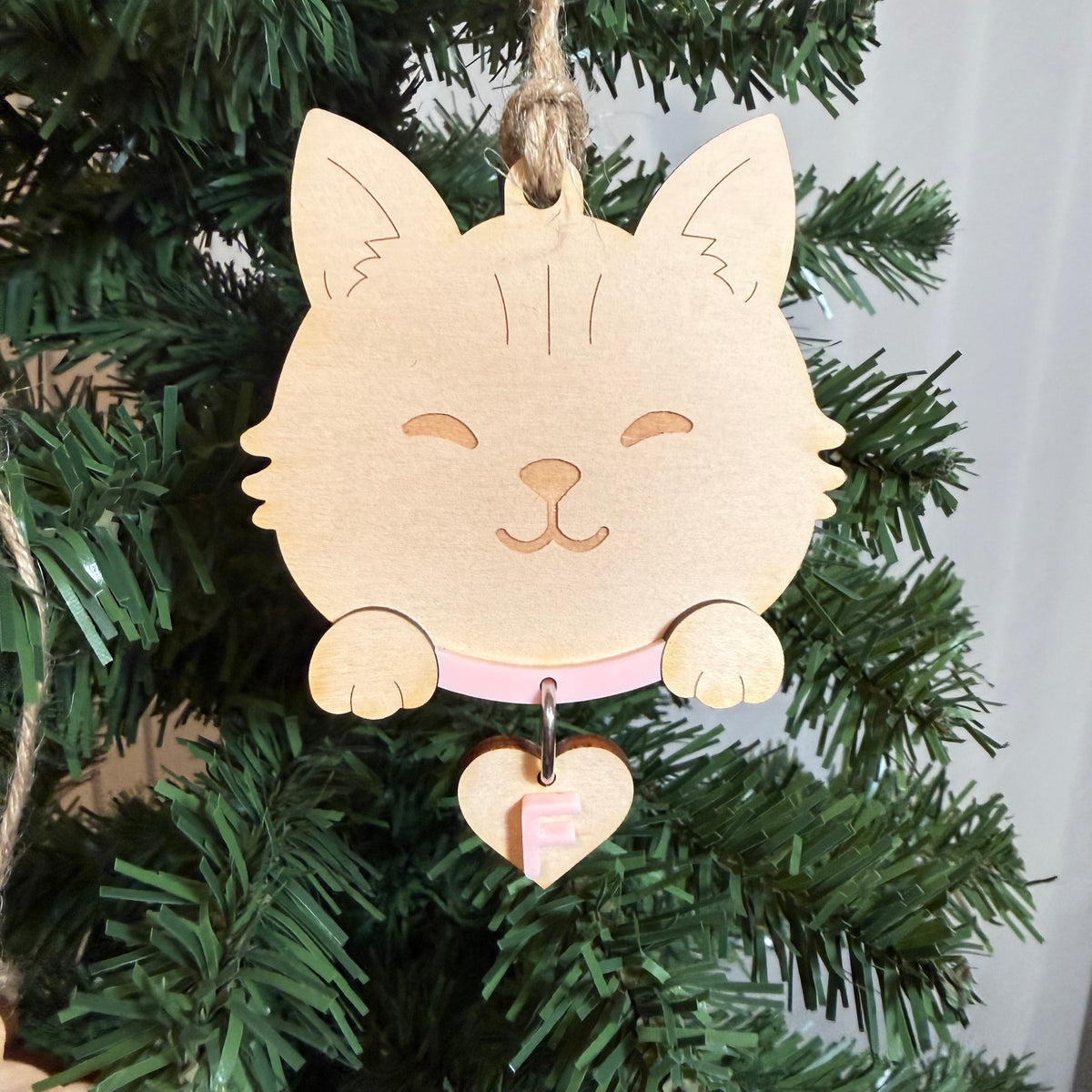 Personalised Pet Dog  and Cat Ornament | Custom Maple Wood Christmas Tree Ornament with Name Initial & Collar Colour