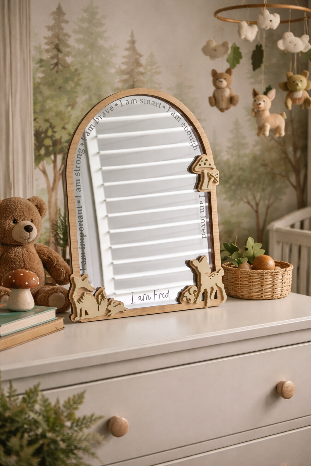 Personalised Affirmation Mirror with Woodland Design for Child’s Bedroom
