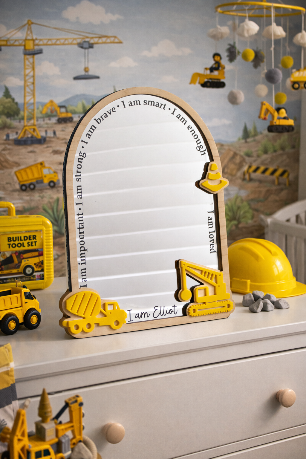 Personalised Affirmation Mirror with Construction Design for Child’s Bedroom