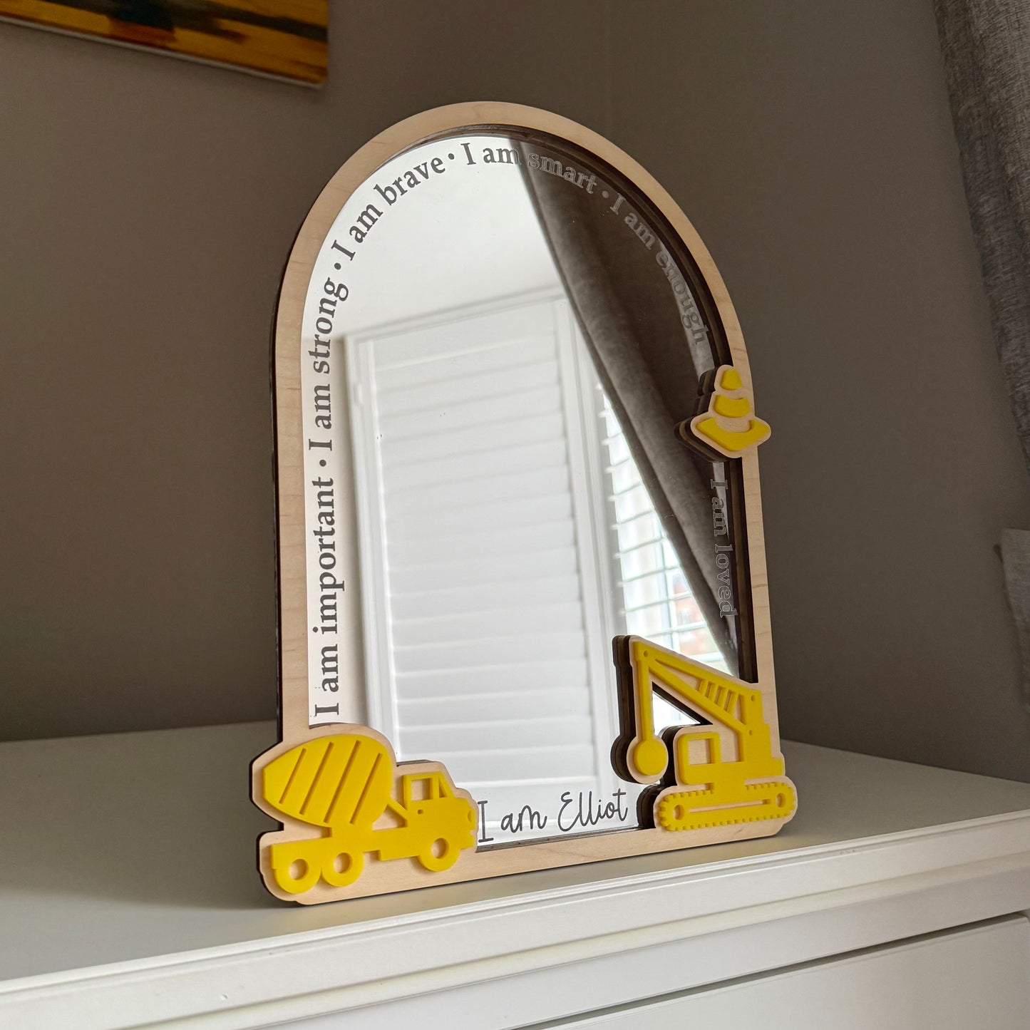 Personalised Affirmation Mirror with Construction Design for Child’s Bedroom
