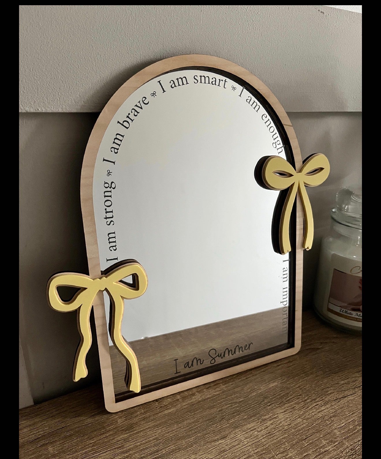 Personalised Affirmation Arched Mirror with Bow Design for Child’s Bedroom