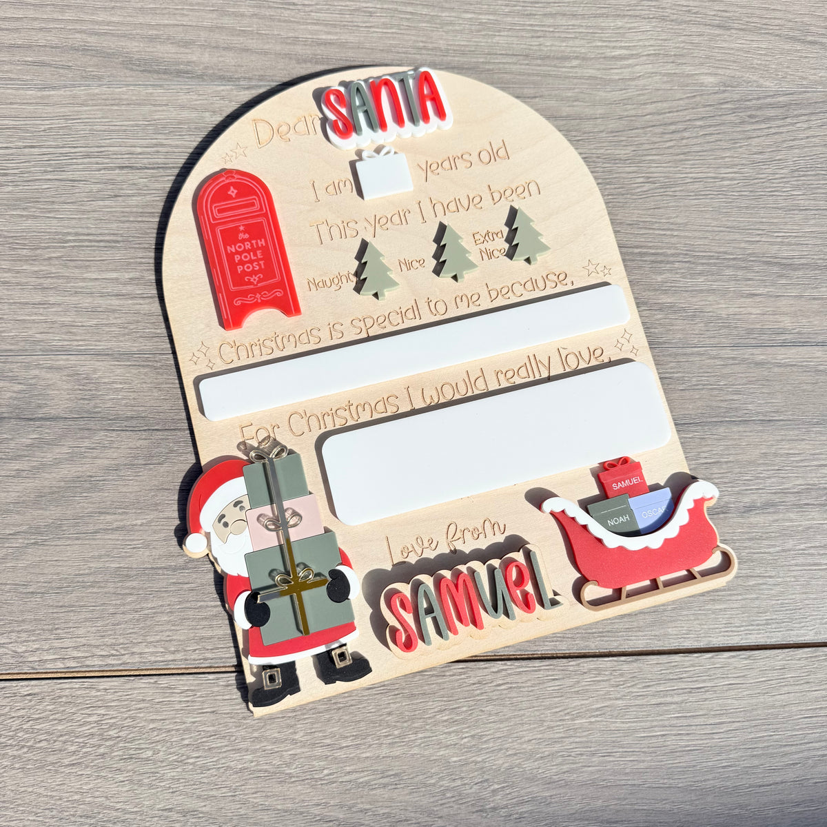 Personalised Dear Santa with Sleigh Board| Maple Wood with Reusable White Board | Letter to Santa