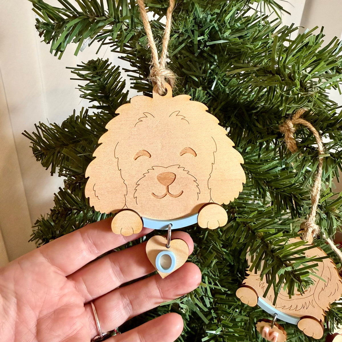 Personalised Pet Dog  and Cat Ornament | Custom Maple Wood Christmas Tree Ornament with Name Initial & Collar Colour