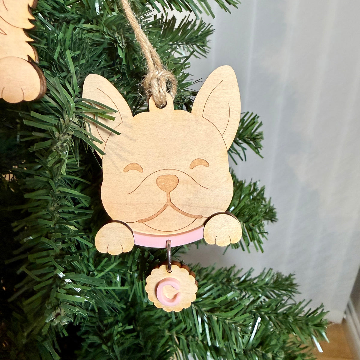 Personalised Pet Dog  and Cat Ornament | Custom Maple Wood Christmas Tree Ornament with Name Initial & Collar Colour