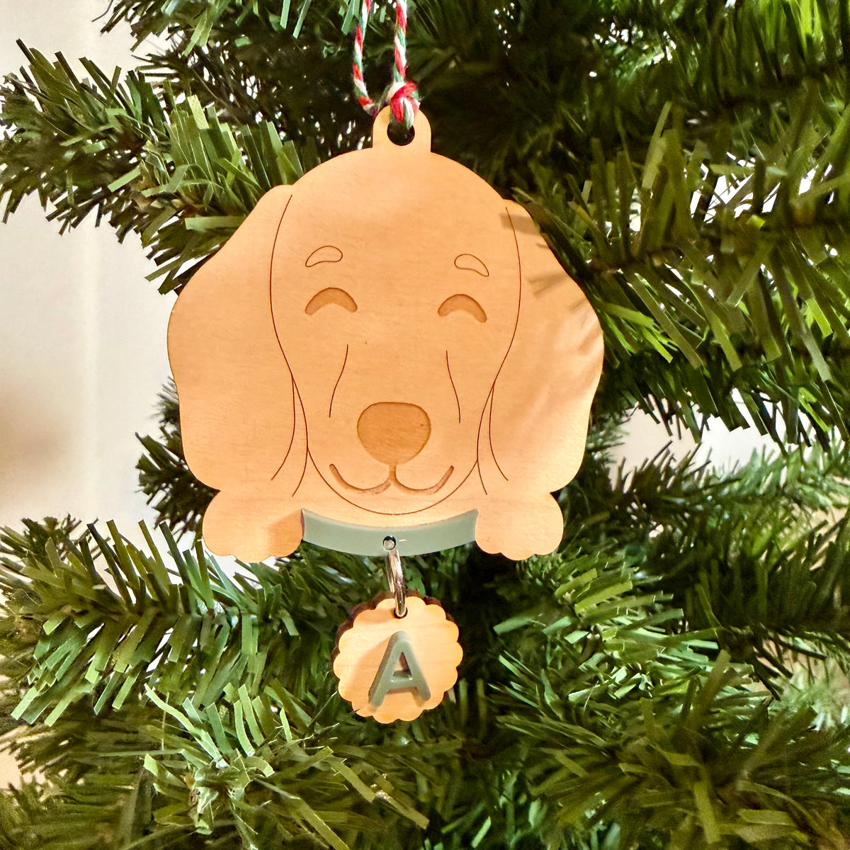 Personalised Pet Dog  and Cat Ornament | Custom Maple Wood Christmas Tree Ornament with Name Initial & Collar Colour