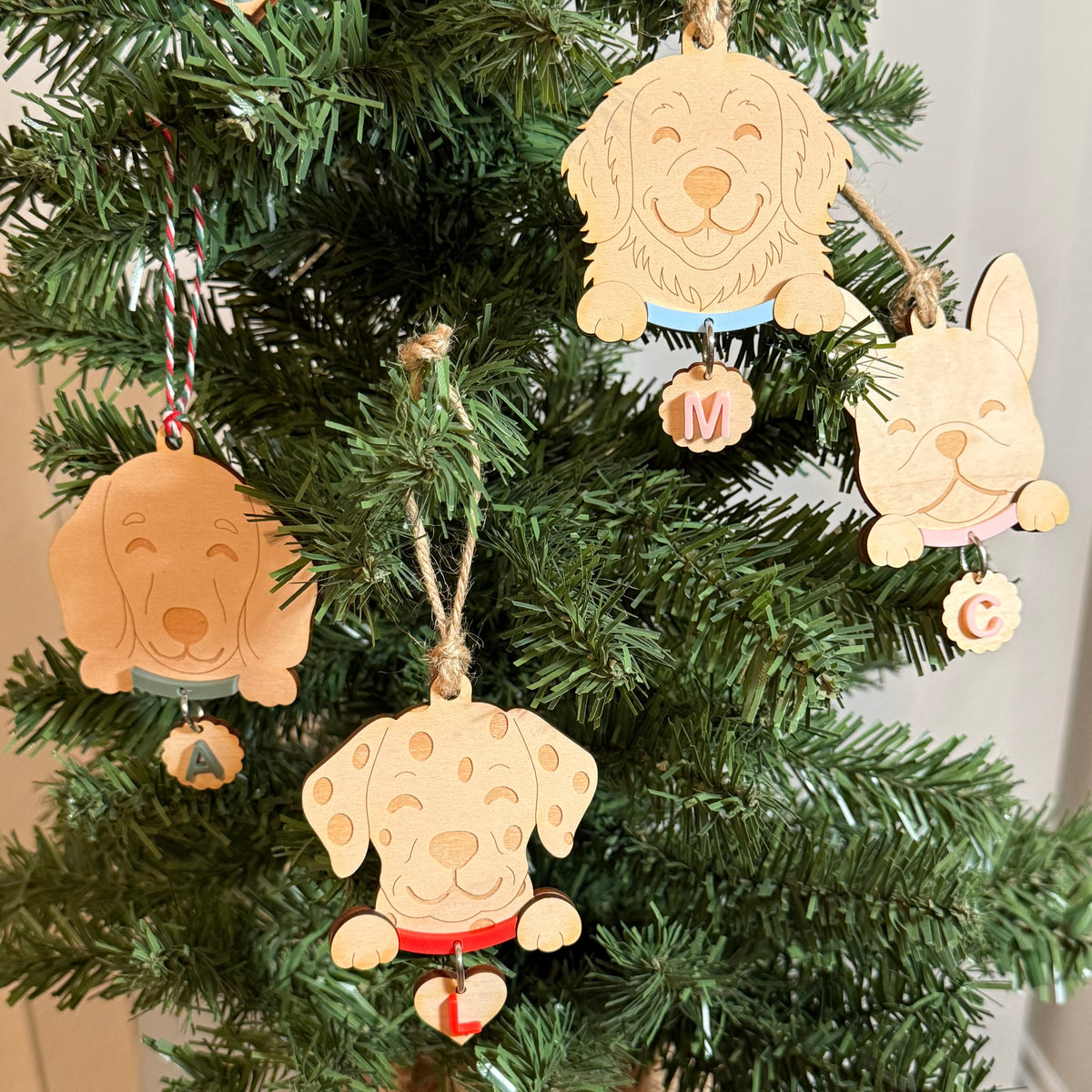 Personalised Pet Dog  and Cat Ornament | Custom Maple Wood Christmas Tree Ornament with Name Initial & Collar Colour