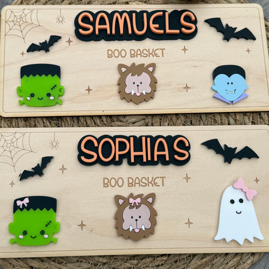 Personalised Halloween Boo Basket Plaque |Custom Halloween Keepsake | Choose Your Monster | Vampire | Mummy | Frankenstein | Werewolf