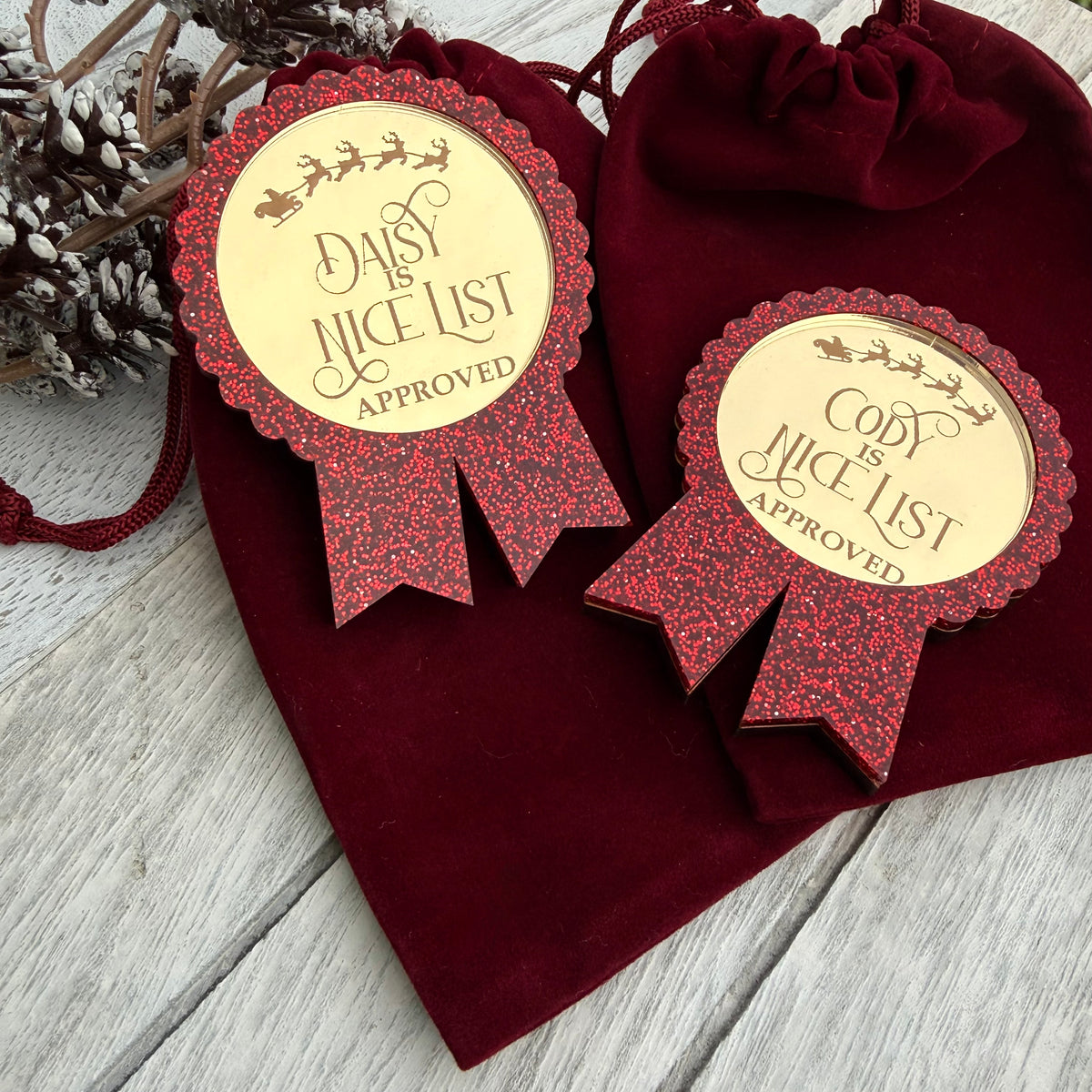 Personalised Santa’s Nice List Gold Medal Rosette Award with Velvet Pouch | Christmas Eve Box Filler
