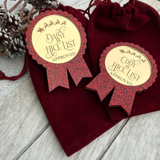 Personalised Santa’s Nice List Gold Medal Rosette Award with Velvet Pouch | Christmas Eve Box Filler