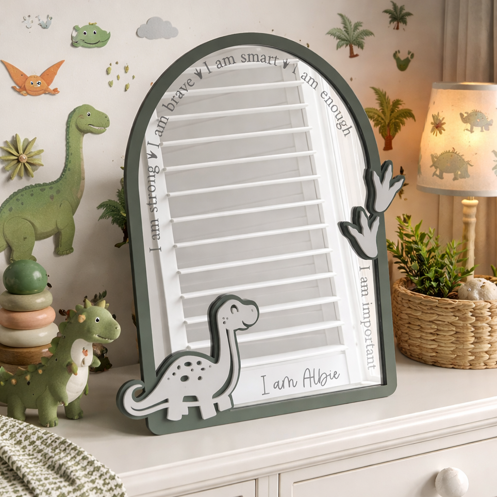 Personalised Affirmation Mirror with Dinosaur Design for Child’s Bedroom