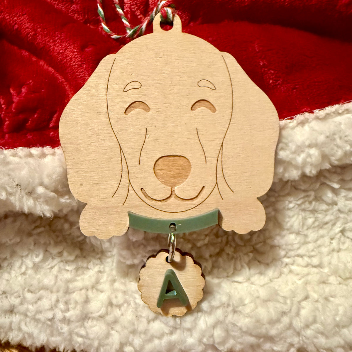 Personalised Pet Dog  and Cat Ornament | Custom Maple Wood Christmas Tree Ornament with Name Initial & Collar Colour