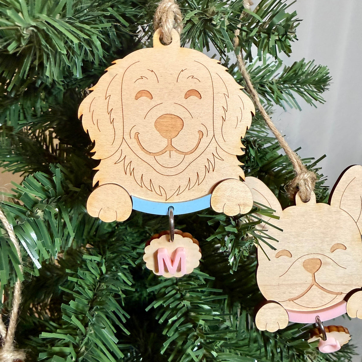 Personalised Pet Dog  and Cat Ornament | Custom Maple Wood Christmas Tree Ornament with Name Initial & Collar Colour