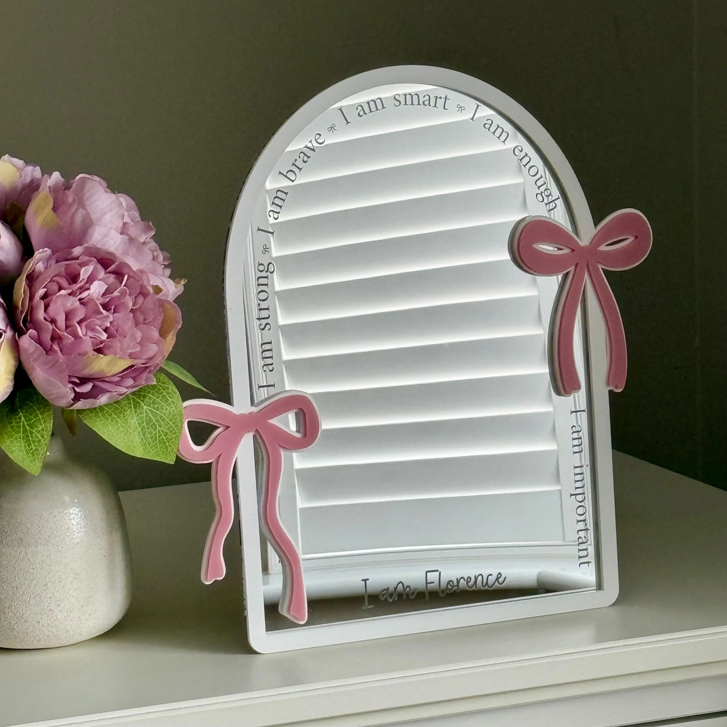 Personalised Affirmation Arched Mirror with Bow Design for Child’s Bedroom