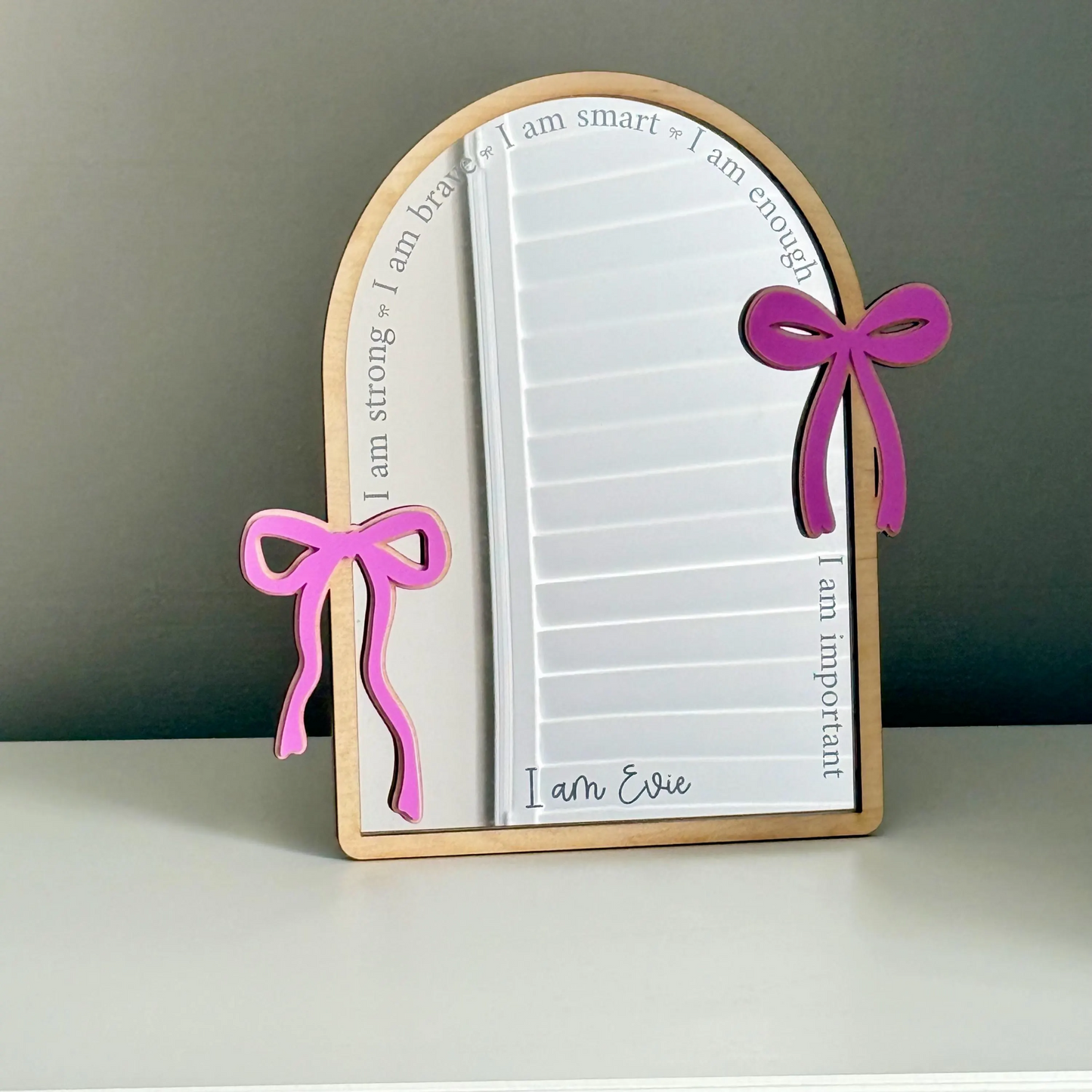 Personalised Affirmation Arched Mirror with Bow Design for Child’s Bedroom
