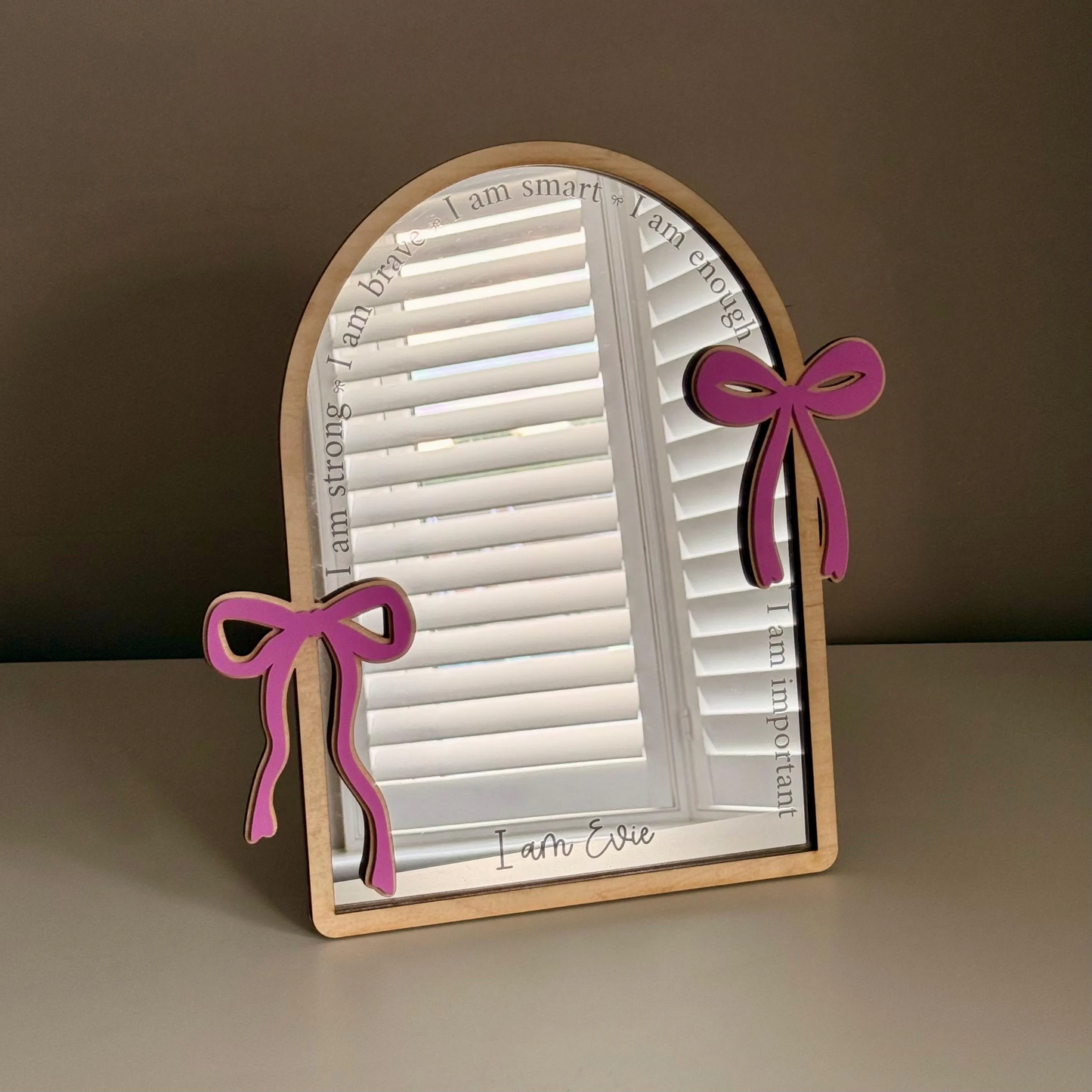 Personalised Affirmation Arched Mirror with Bow Design for Child’s Bedroom