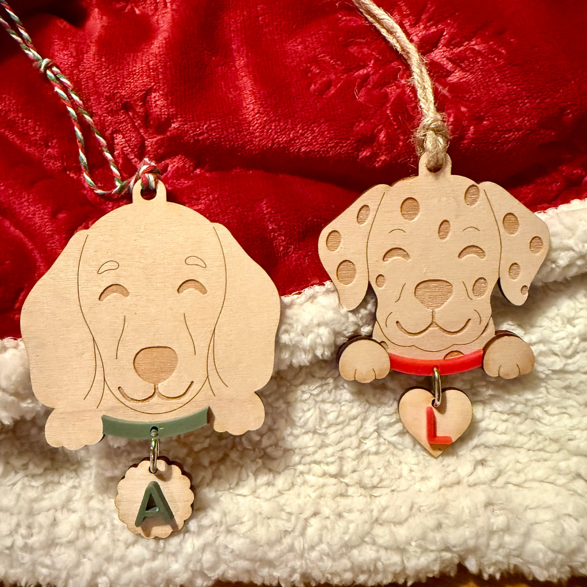 Personalised Pet Dog  and Cat Ornament | Custom Maple Wood Christmas Tree Ornament with Name Initial & Collar Colour