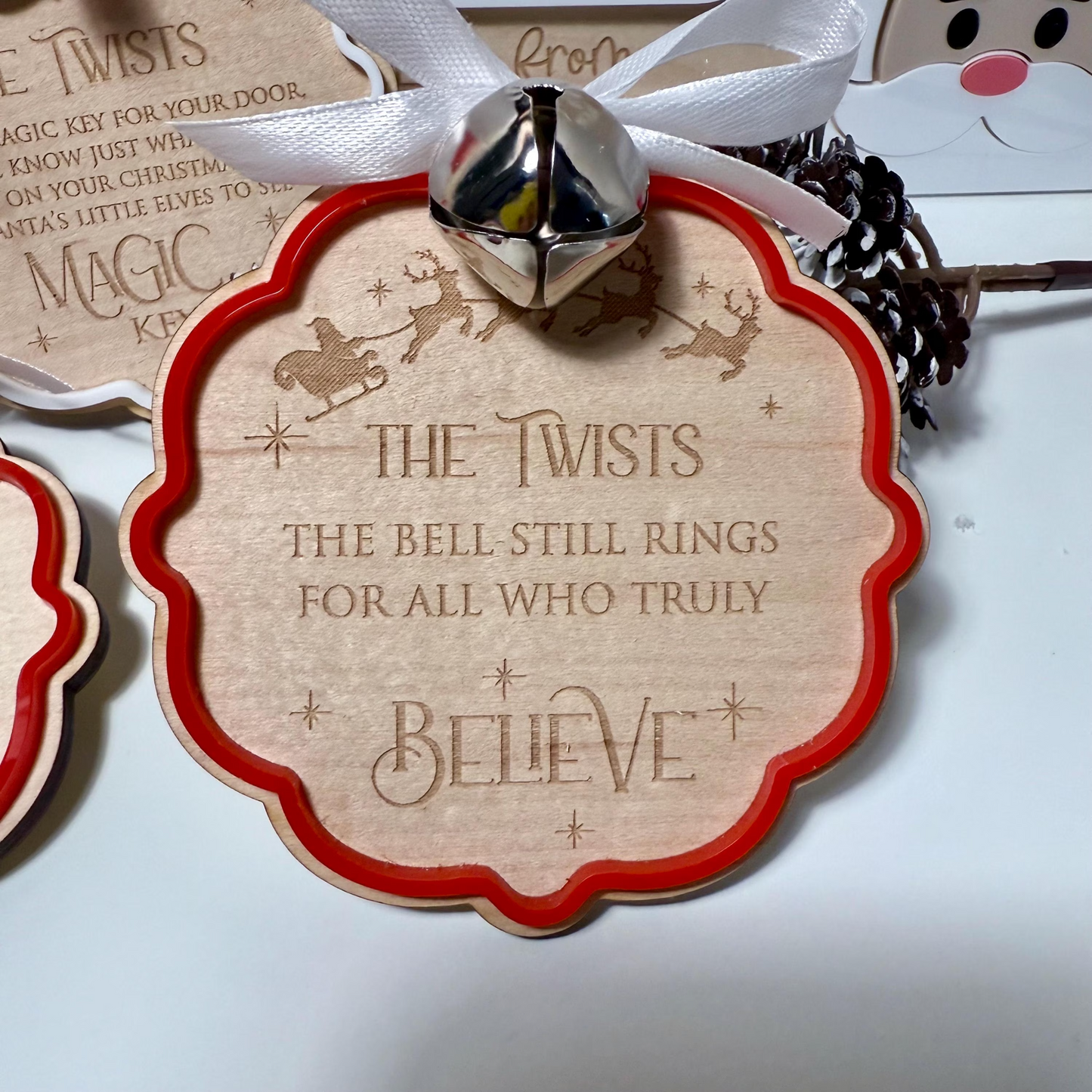 Personalised Christmas Believe Bell and Maple Wood Tag –   with Red or White Surround & Ribbon
