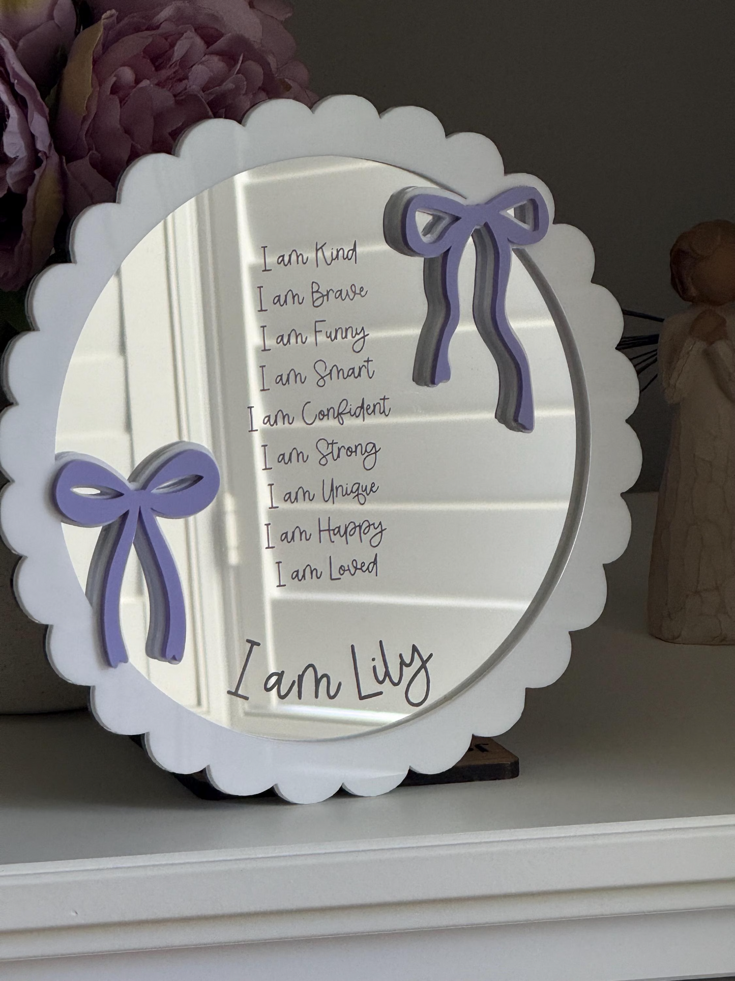 Personalised Affirmation Mirror with Bow Design for Child’s Bedroom Scalloped