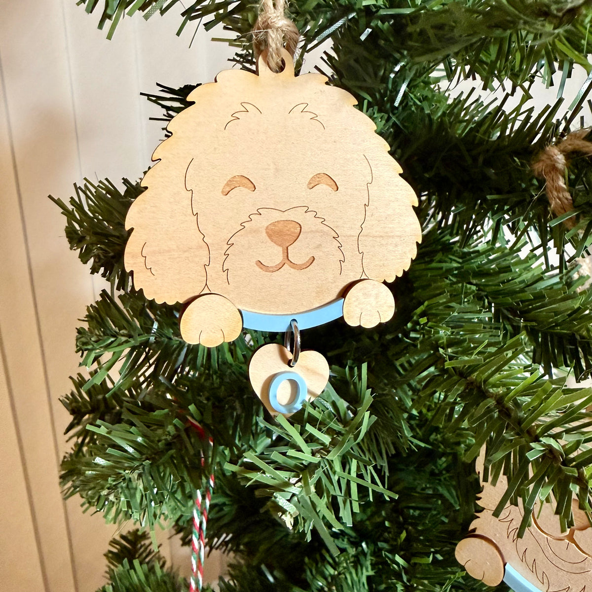 Personalised Pet Dog  and Cat Ornament | Custom Maple Wood Christmas Tree Ornament with Name Initial & Collar Colour