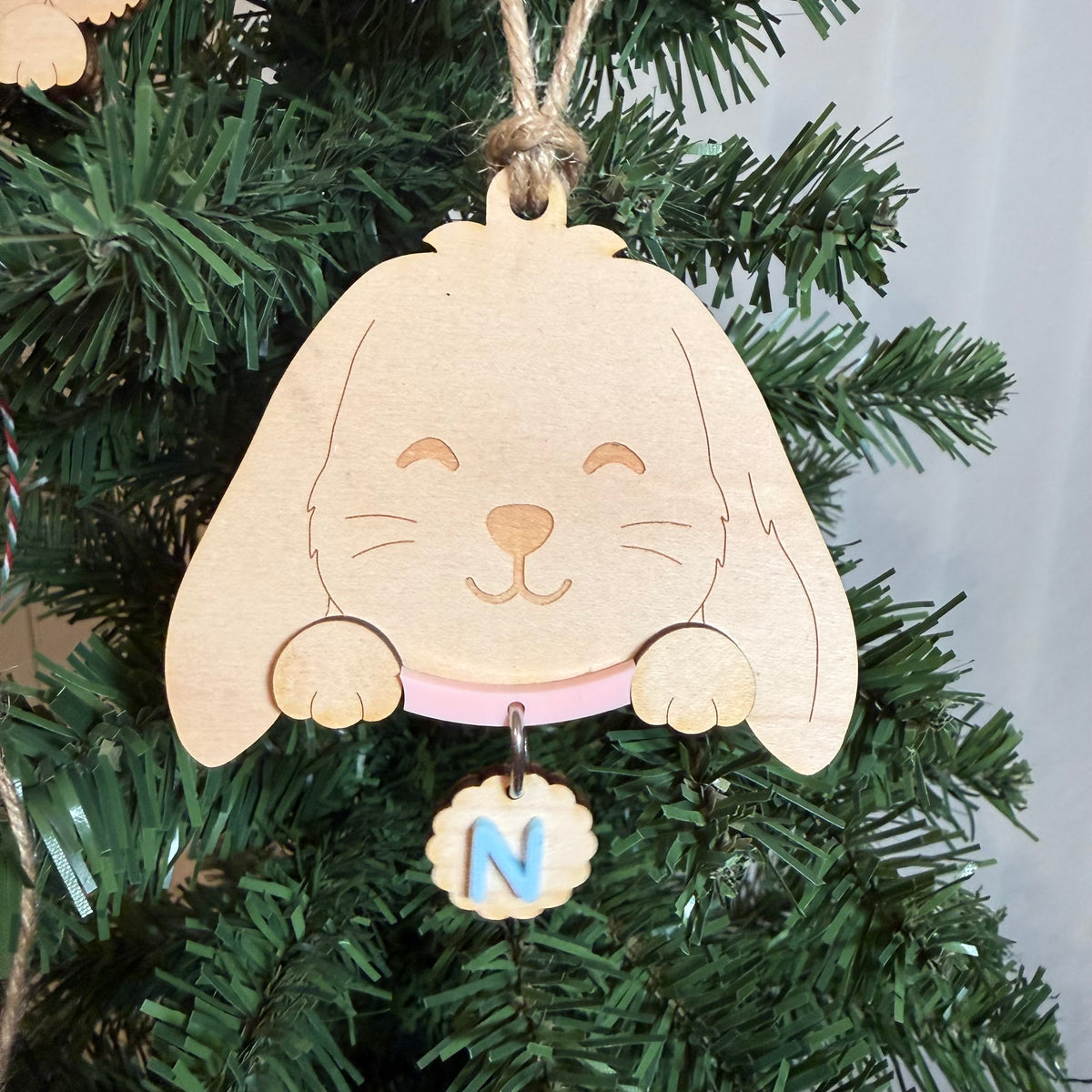 Personalised Pet Dog  and Cat Ornament | Custom Maple Wood Christmas Tree Ornament with Name Initial & Collar Colour